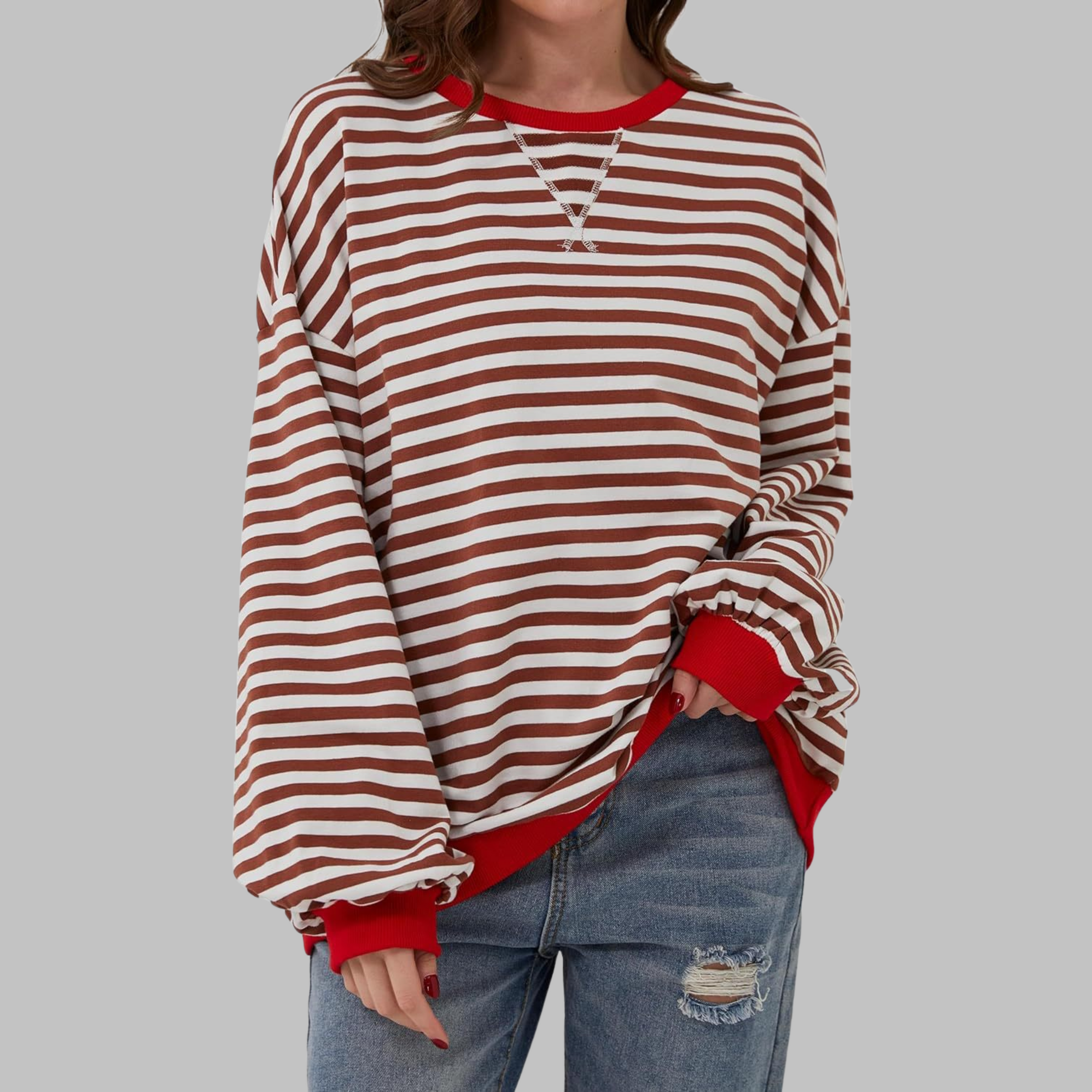 Kula™ - Casual Long Sleeve Round Neck Striped Sweatshirt