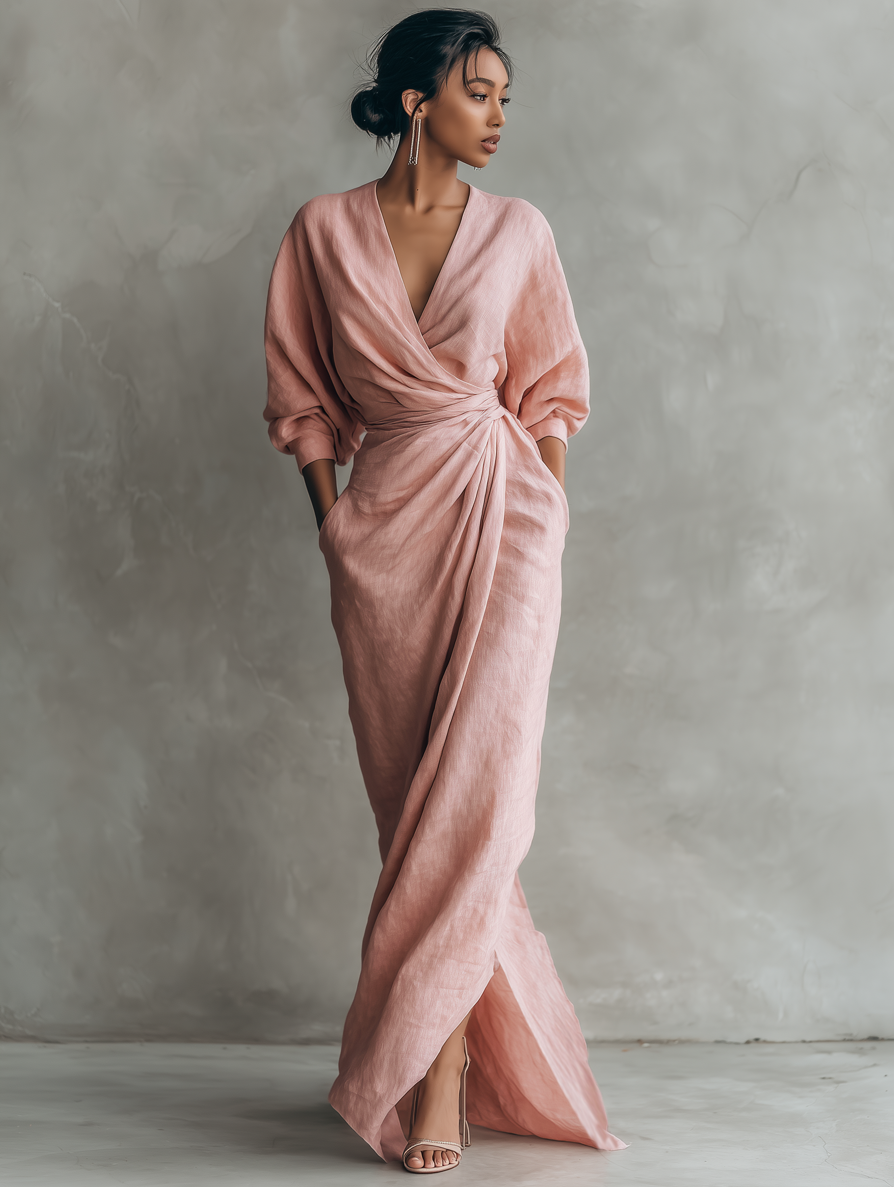 Eleonora - Abito Maxi in Lino Rosa con Scollo a V