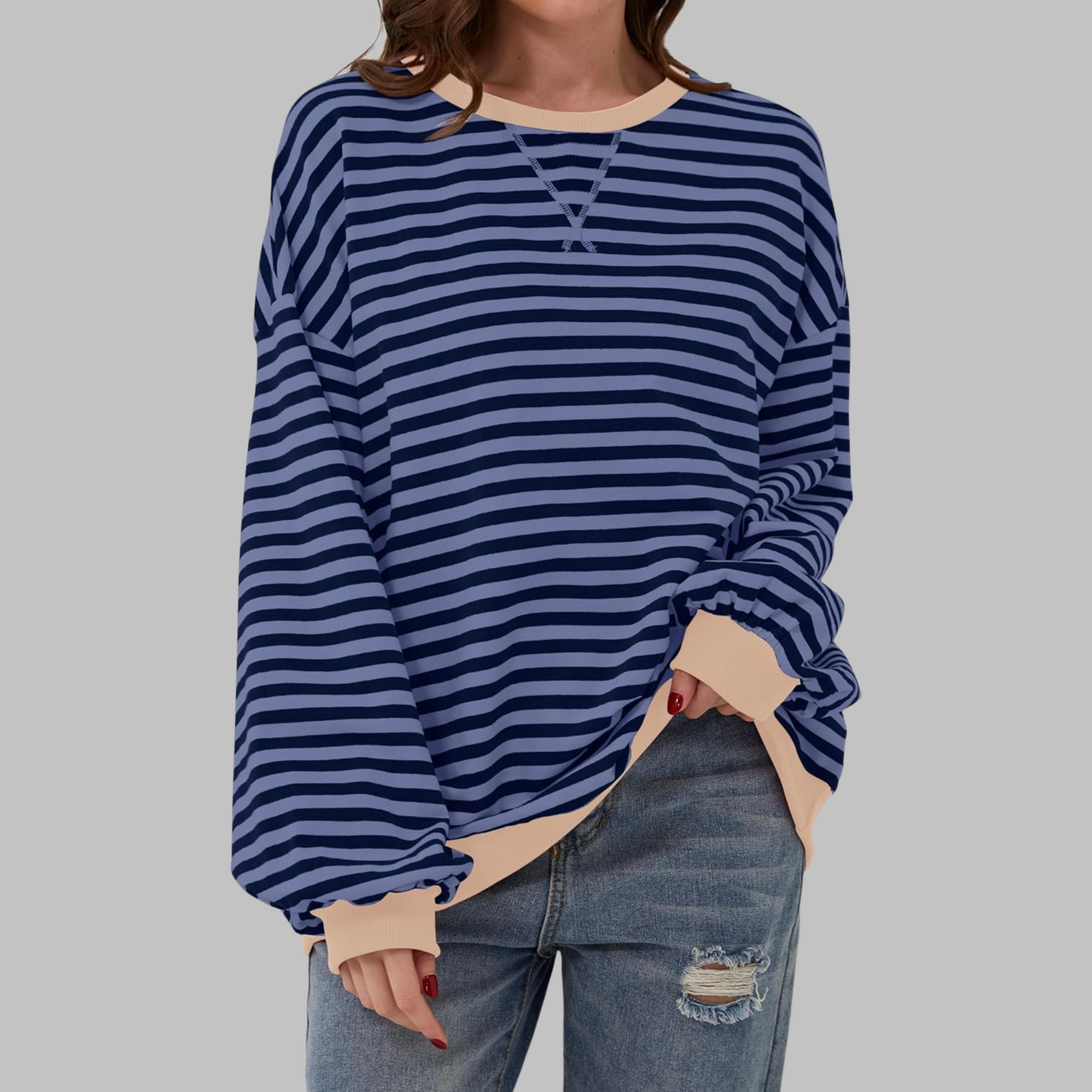 Kula™ - Casual Long Sleeve Round Neck Striped Sweatshirt