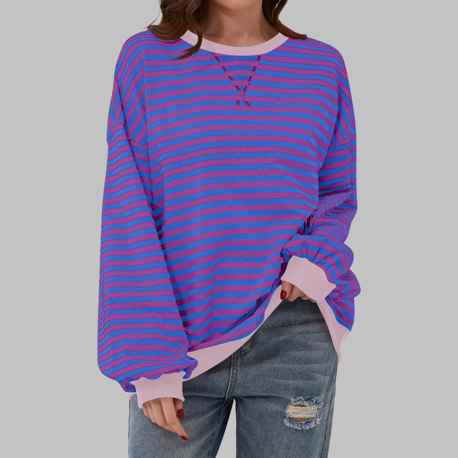 Kula™ - Casual Long Sleeve Round Neck Striped Sweatshirt