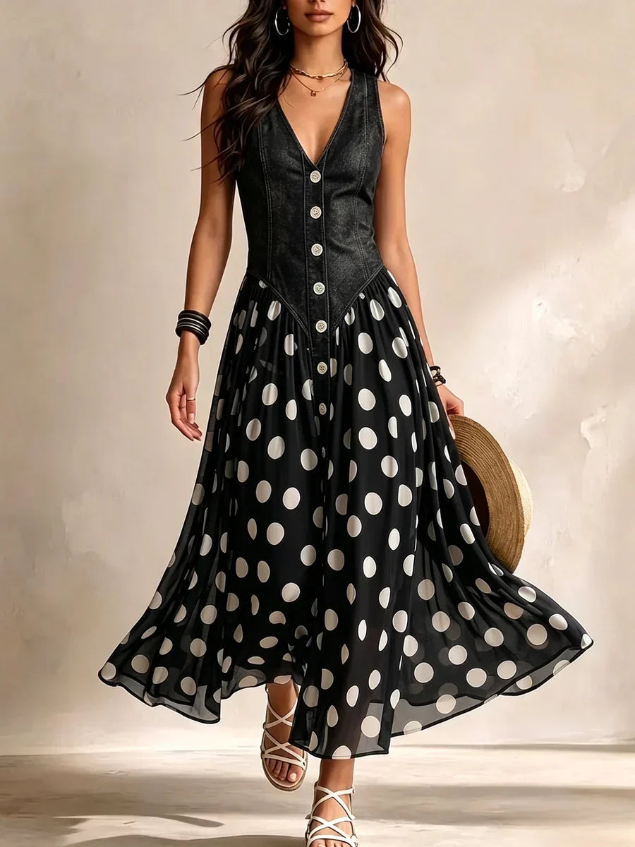 Adeline | Vestito Lungo in Denim con Pois