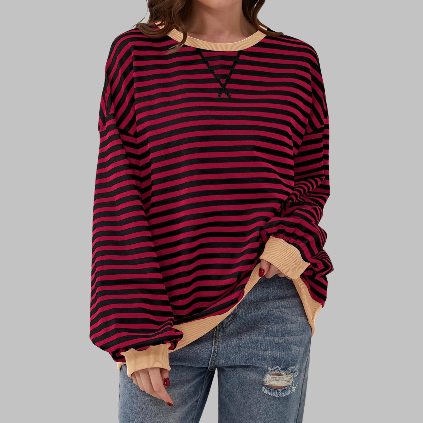 Kula™ - Casual Long Sleeve Round Neck Striped Sweatshirt