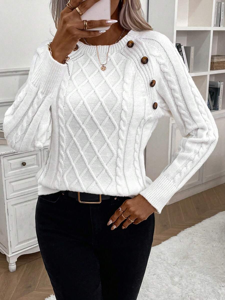 Clara – Button-Detail Cable Knit Sweater