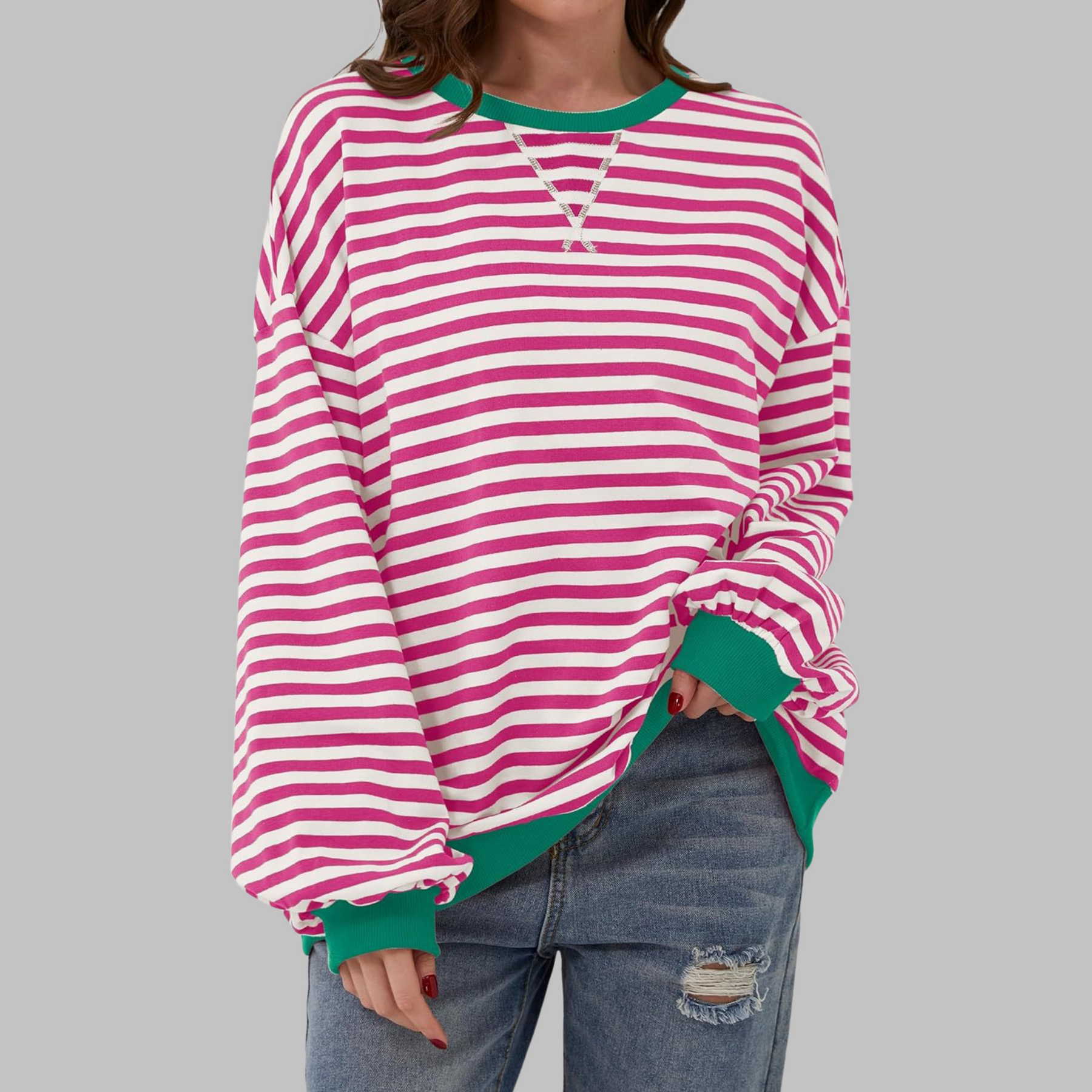 Kula™ - Casual Long Sleeve Round Neck Striped Sweatshirt