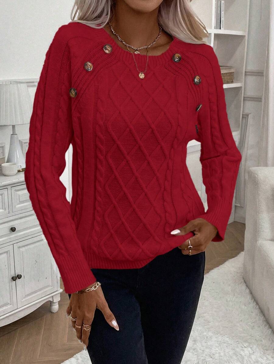 Clara – Button-Detail Cable Knit Sweater