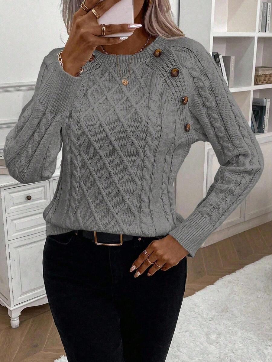 Clara – Button-Detail Cable Knit Sweater