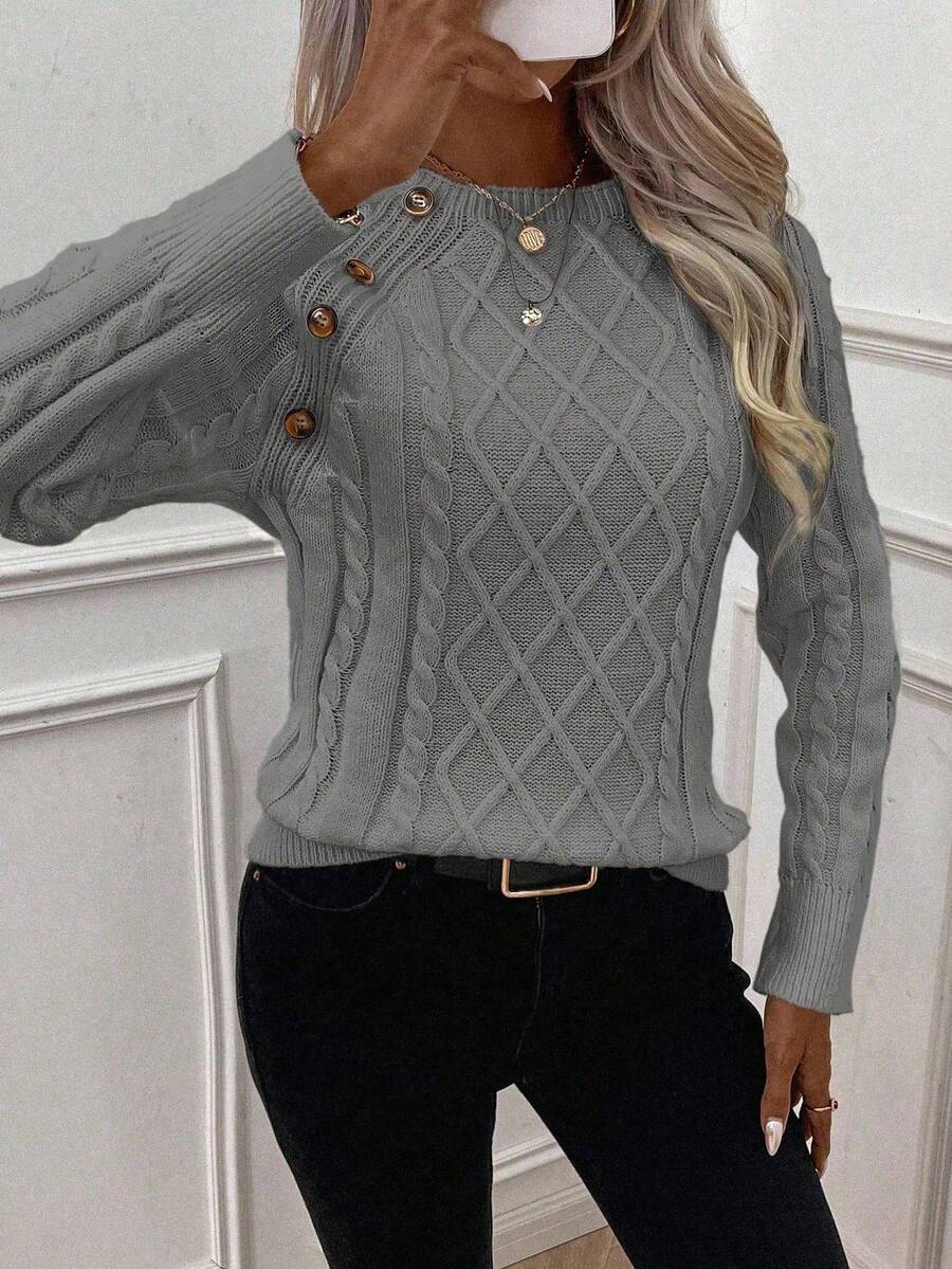 Clara – Button-Detail Cable Knit Sweater