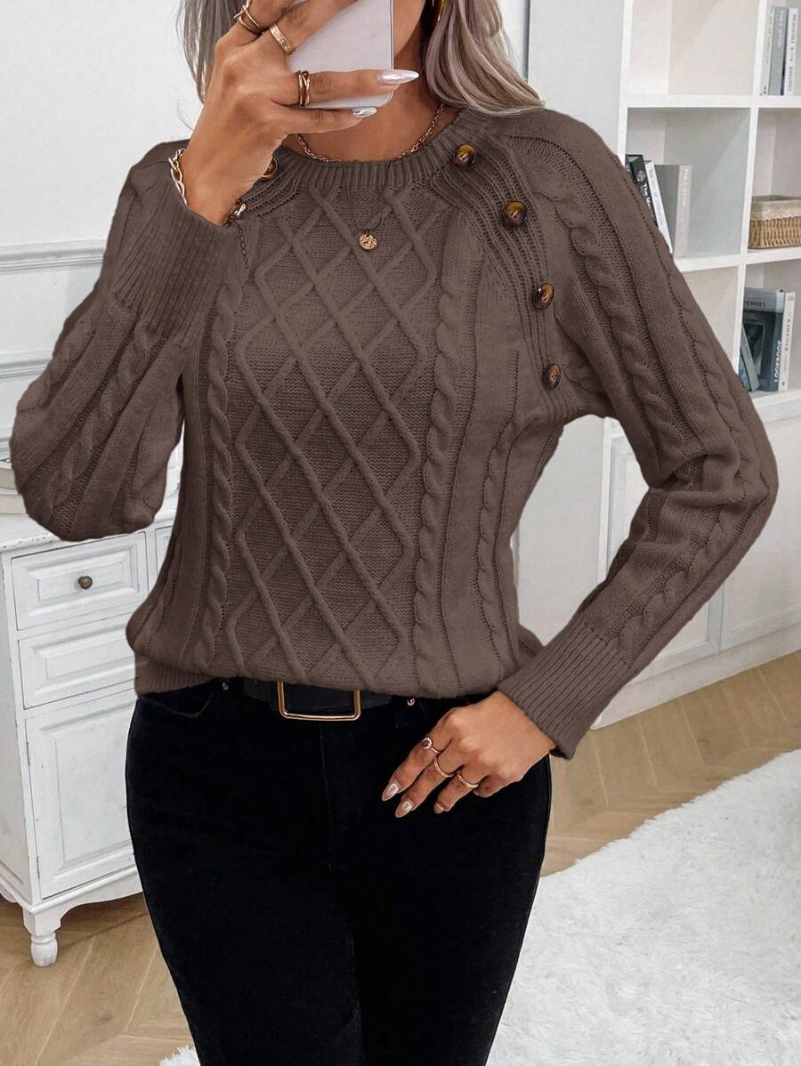 Clara – Button-Detail Cable Knit Sweater
