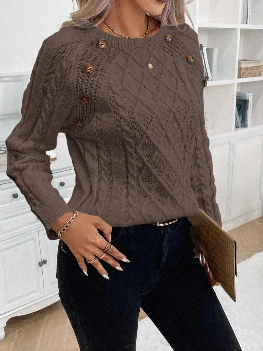 Clara – Button-Detail Cable Knit Sweater