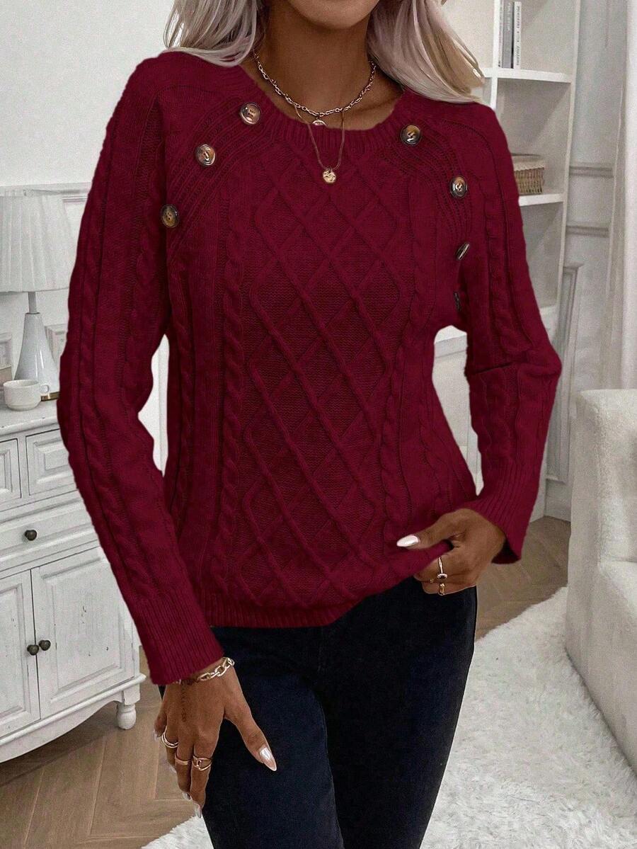 Clara – Button-Detail Cable Knit Sweater