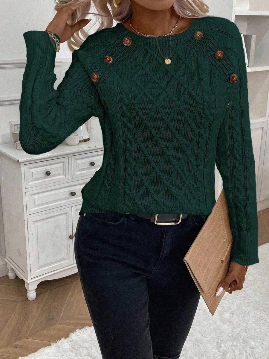 Clara – Button-Detail Cable Knit Sweater