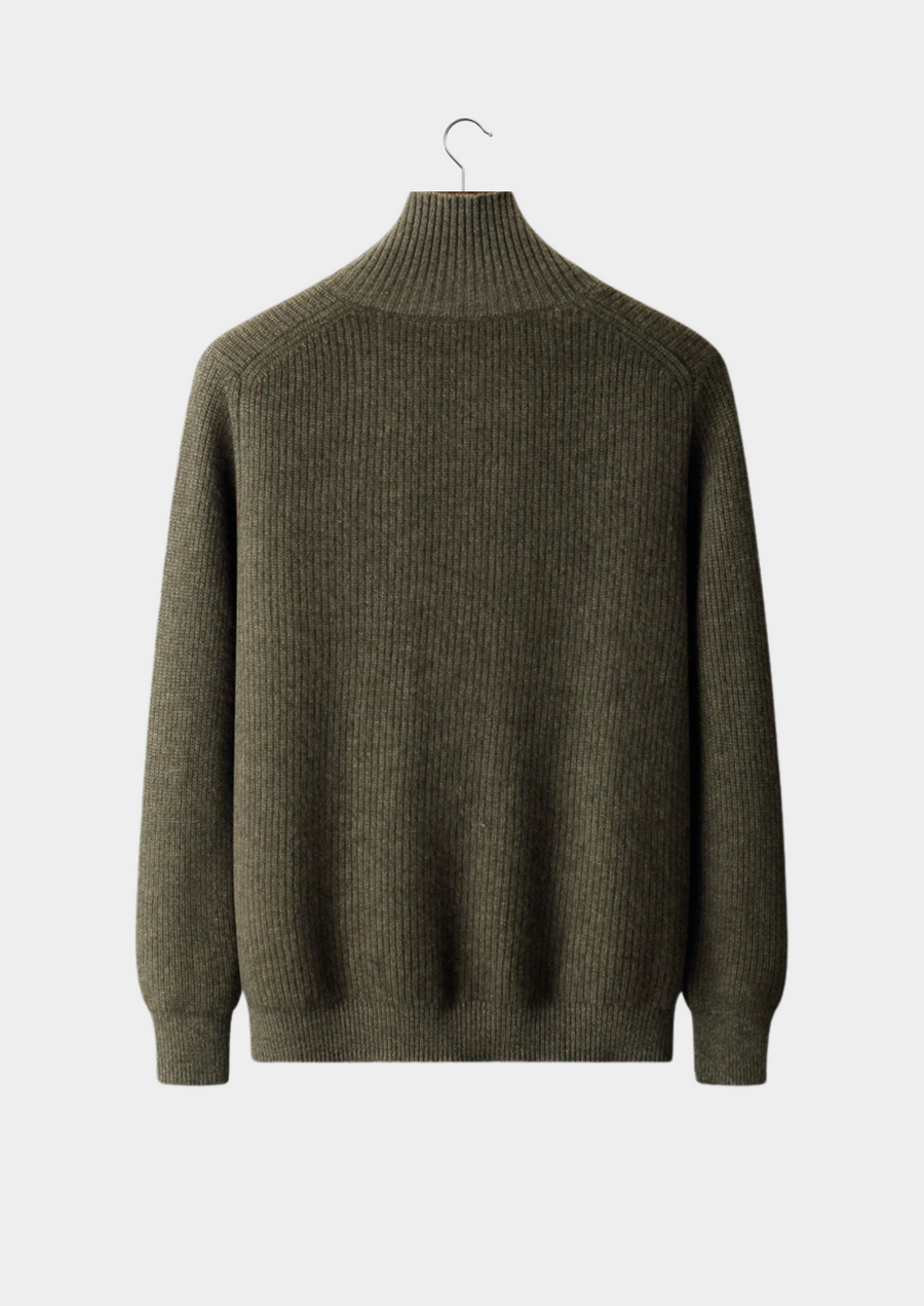 100% CASHMERE RIBBED HIGH COLLAR CARDIGAN