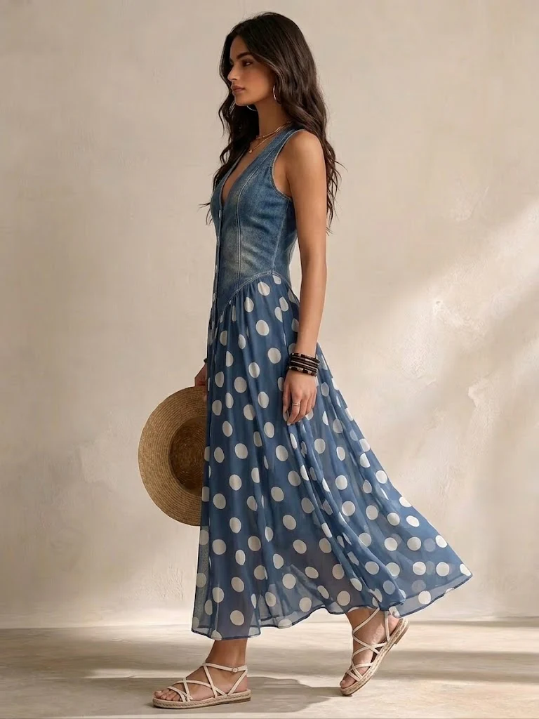 Adeline | Vestito Lungo in Denim con Pois