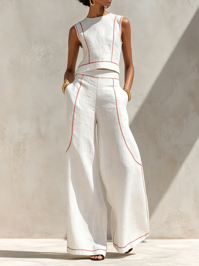 Vittoria | Coordinato bianco con top smanicato e pantaloni a gamba larga