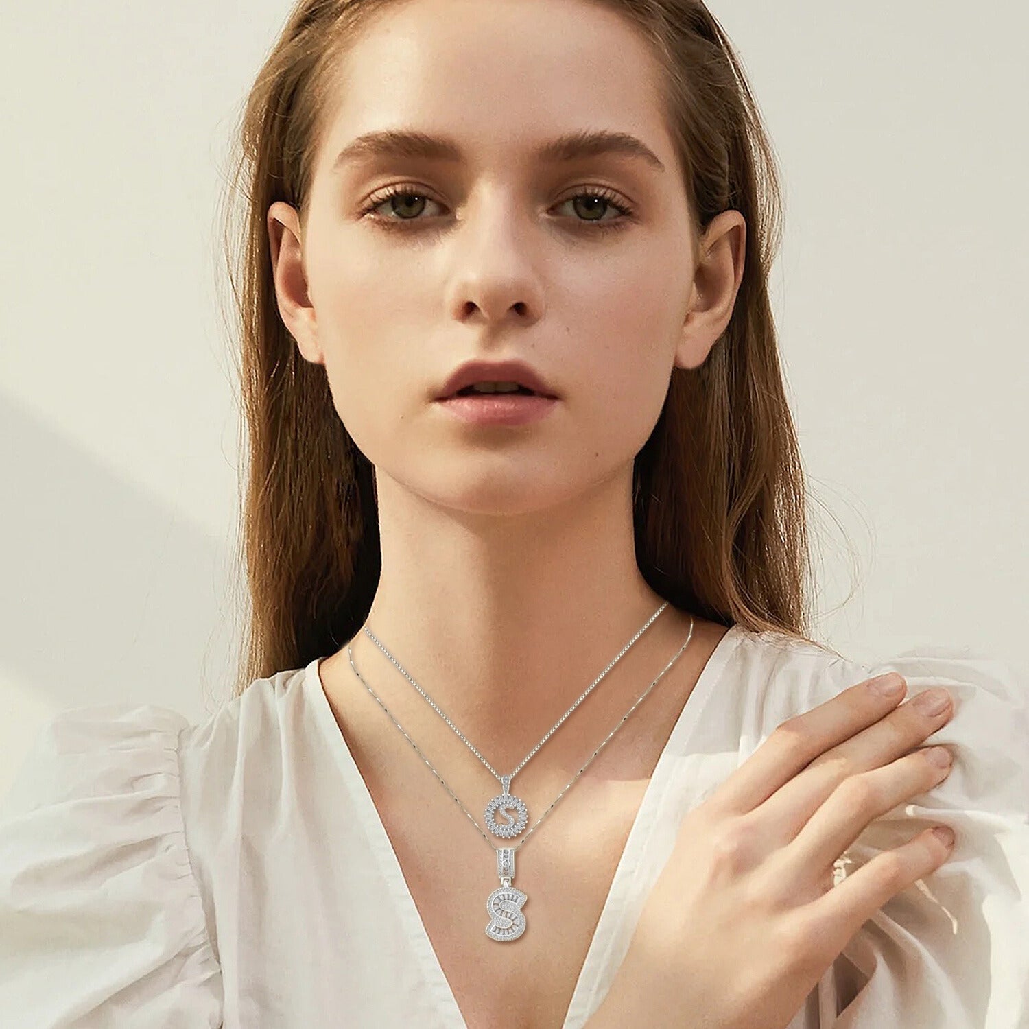 Moissanite letter initial necklace set | White Gold