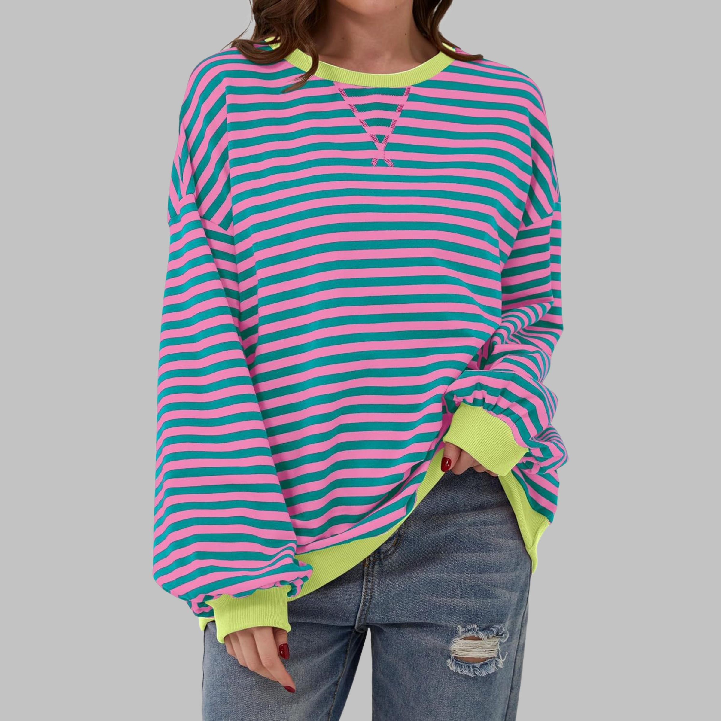 Kula™ - Casual Long Sleeve Round Neck Striped Sweatshirt