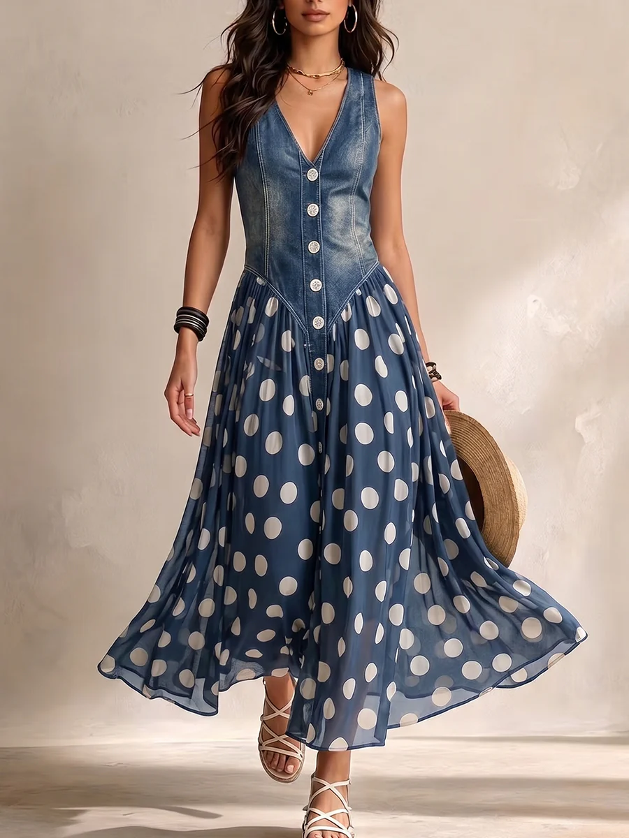 Adeline | Vestito Lungo in Denim con Pois