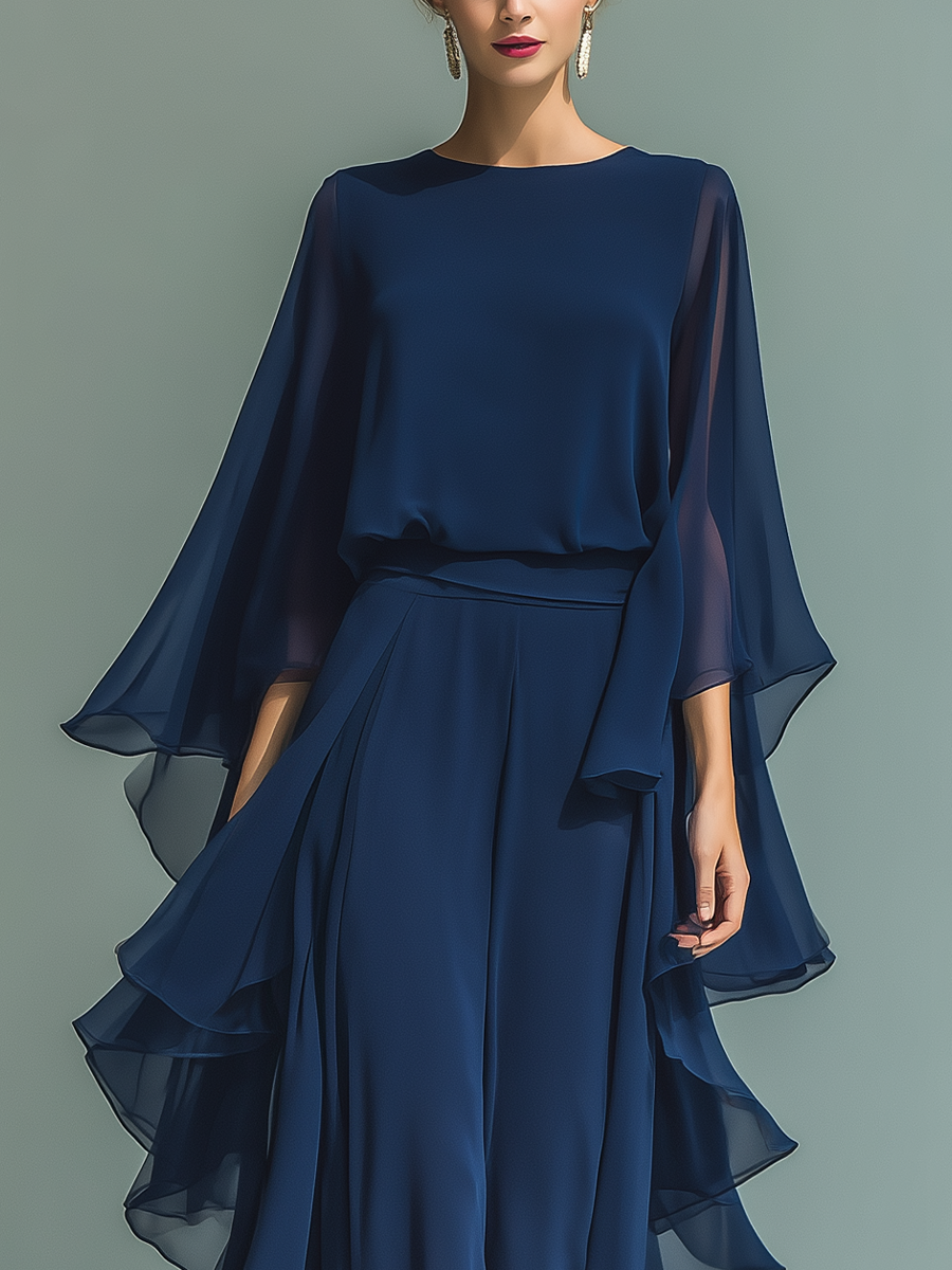 Margherita - Insieme in Chiffon Blu Navy con Maniche a Campana e Volant