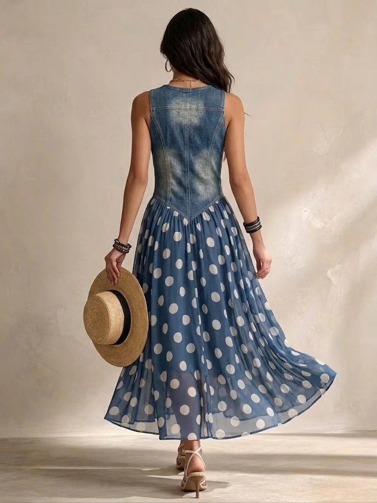 Adeline | Vestito Lungo in Denim con Pois