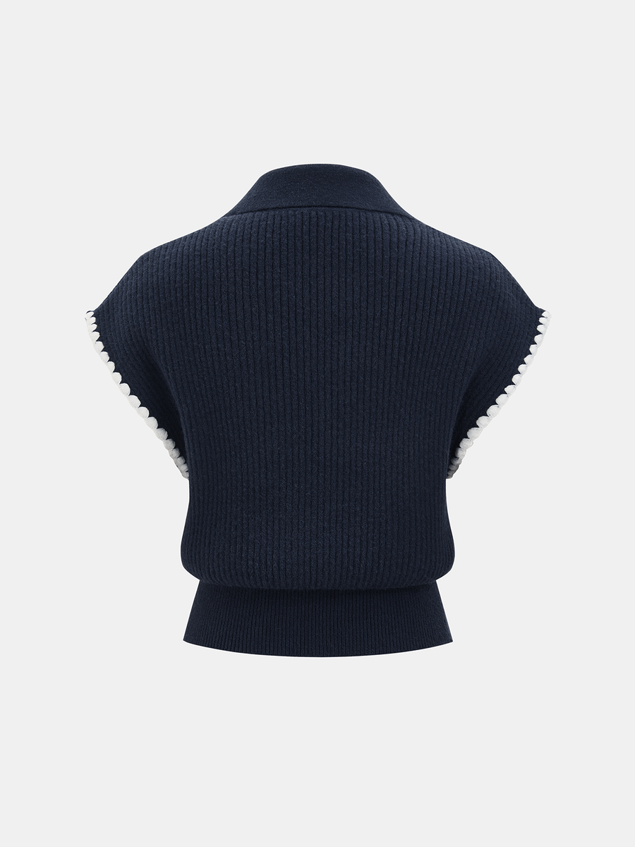 Metal Clasp Contrast Trim Collared Knit Vest