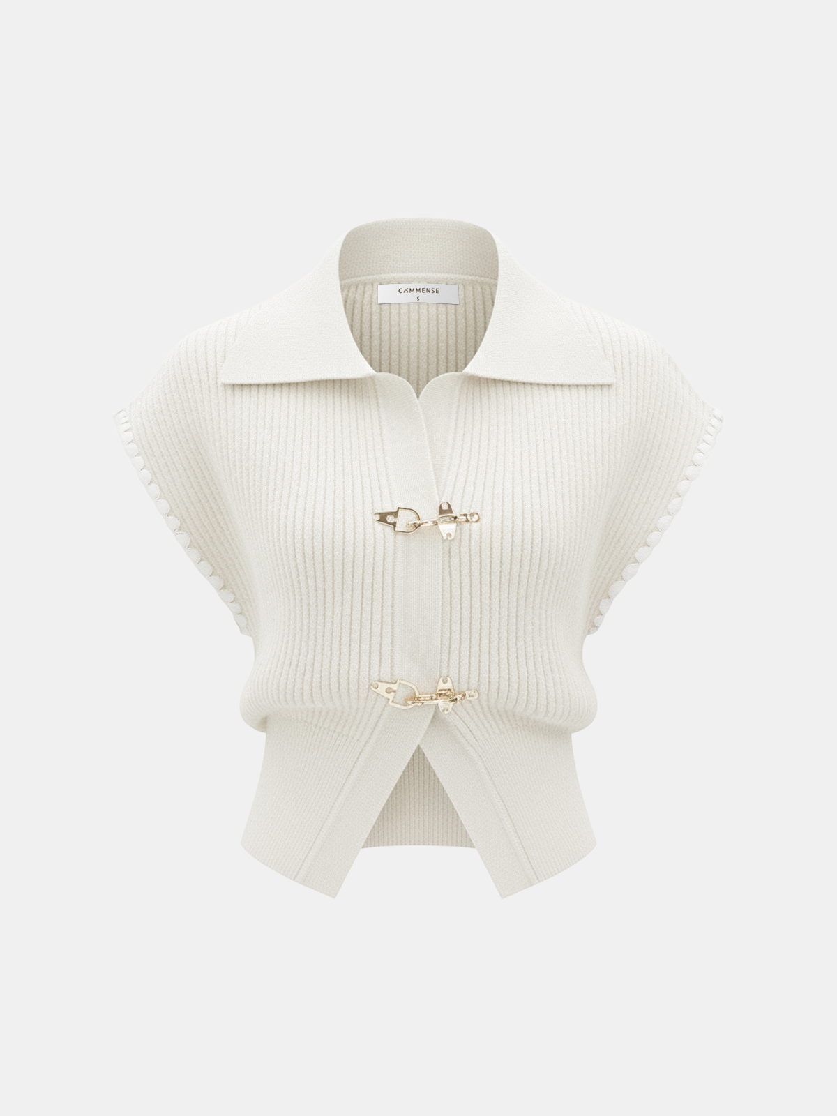 Metal Clasp Contrast Trim Collared Knit Vest