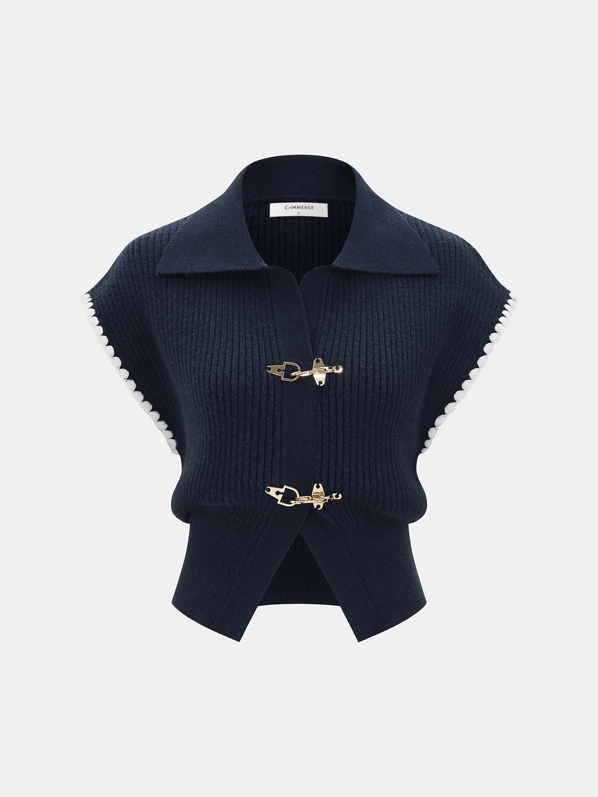 Metal Clasp Contrast Trim Collared Knit Vest