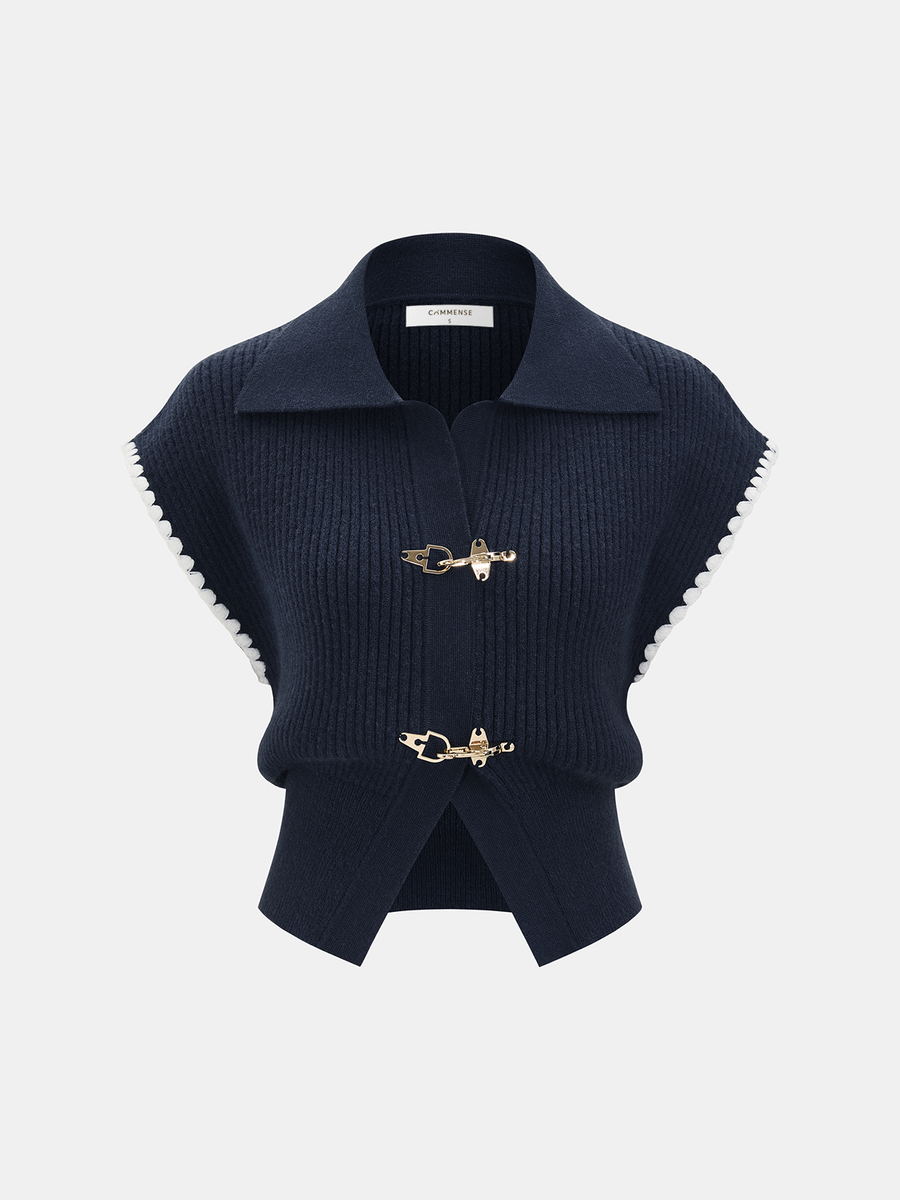 Metal Clasp Contrast Trim Collared Knit Vest