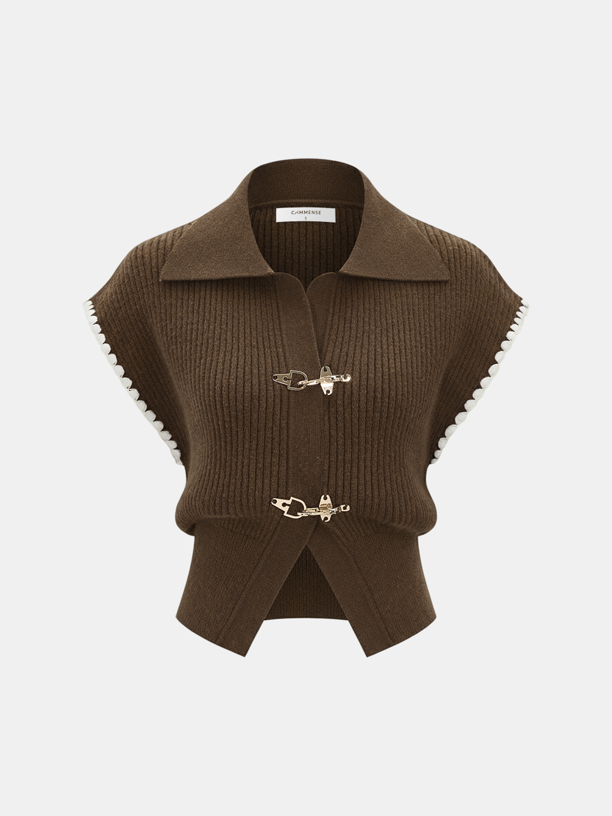 Metal Clasp Contrast Trim Collared Knit Vest