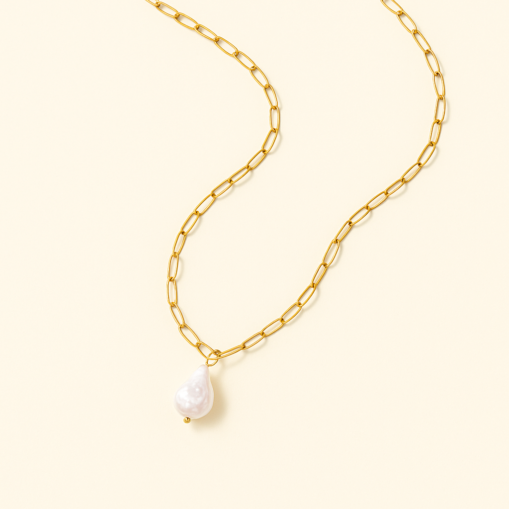 KOS Pearl-Embellished Gold Paperclip Necklace