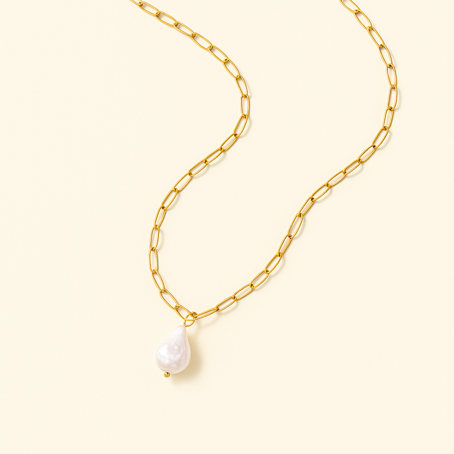 KOS Pearl-Embellished Gold Paperclip Necklace