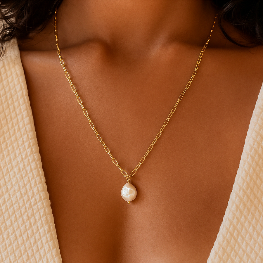 KOS Pearl-Embellished Gold Paperclip Necklace
