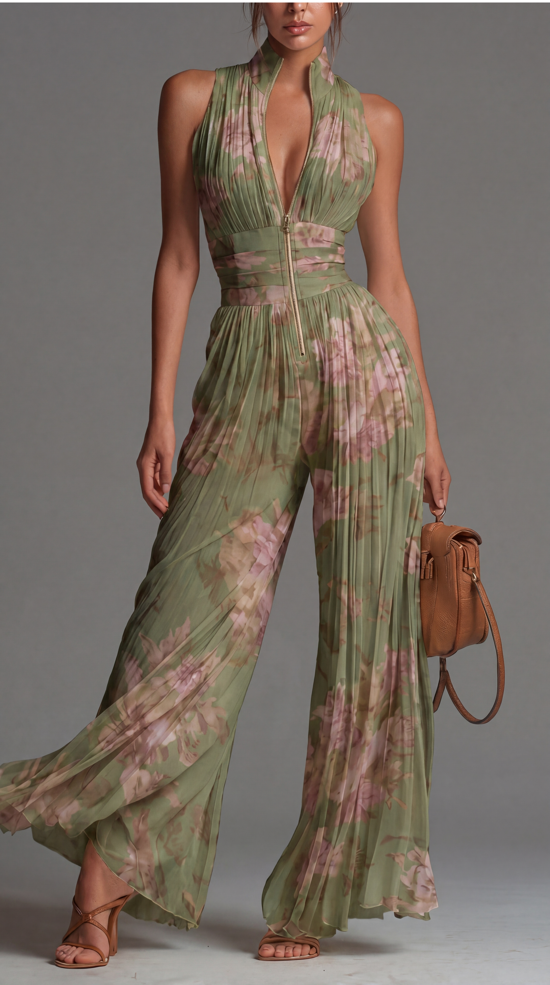 Zsófia Jumpsuit | Jumpsuit in chiffon plissettato verde