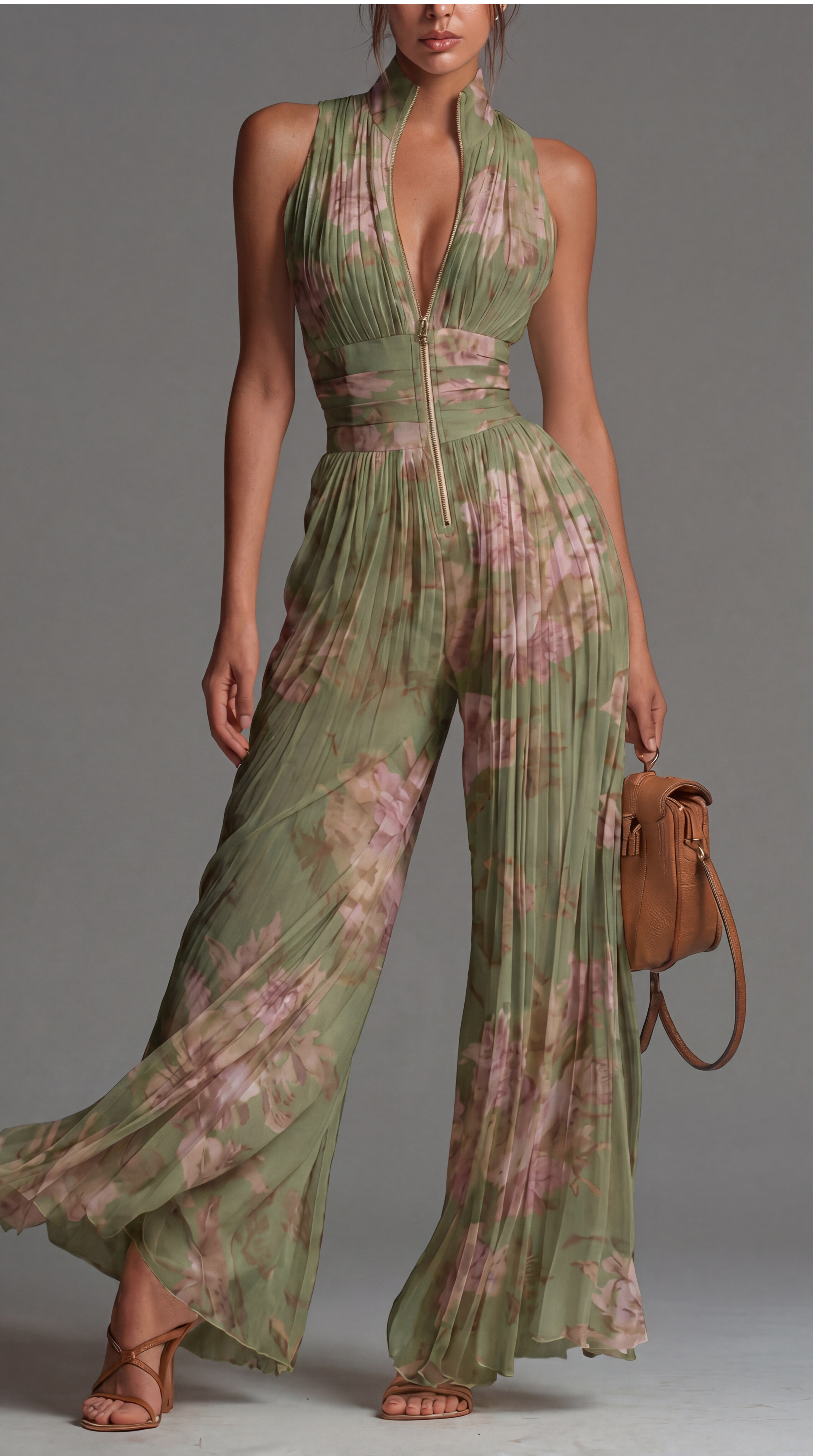Zsófia Jumpsuit | Jumpsuit in chiffon plissettato verde
