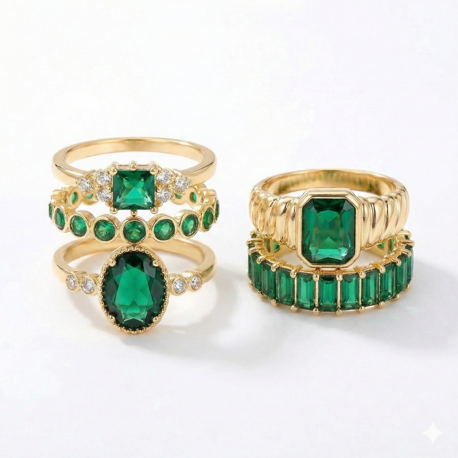 Zarina Exquisite Emerald Ring Set | Gold