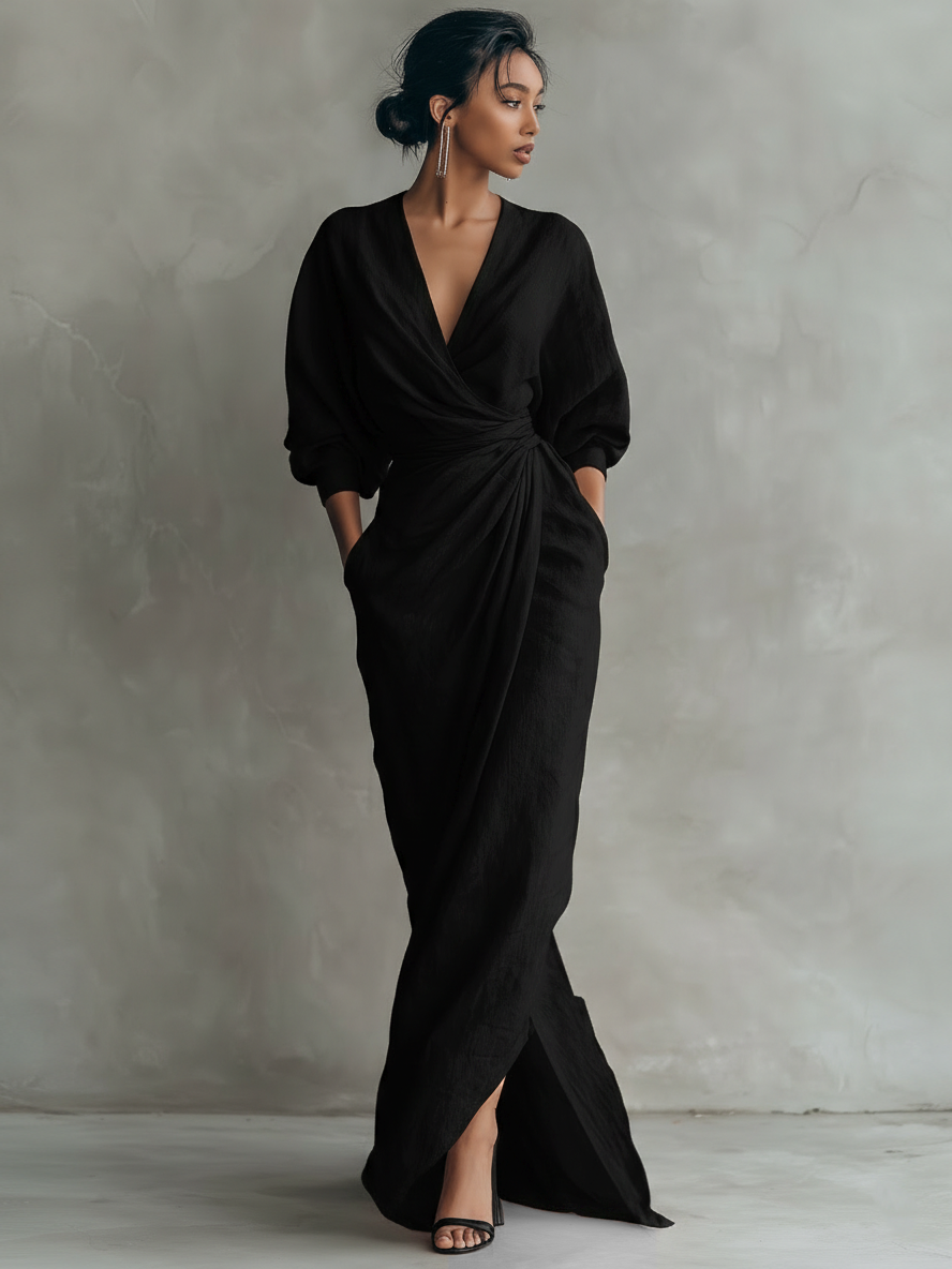 Eleonora - Abito Maxi in Lino Rosa con Scollo a V
