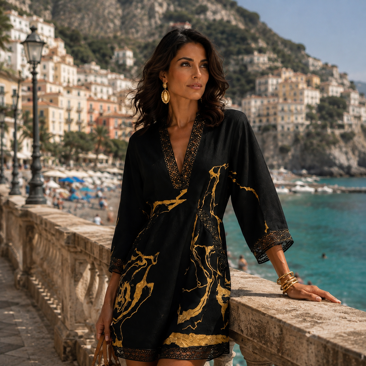 Donatella - Mini abito con stampa marmo dorata e pizzo crochet