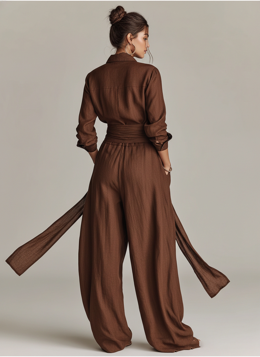 Tuta Elegante da Donna in Cotone-Lino Intrecciato Marrone con Collo Camicia e Maniche Lunghe con Cintura