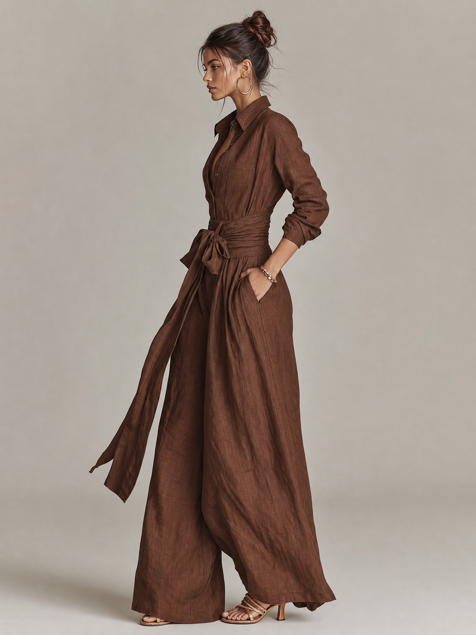 Tuta Elegante da Donna in Cotone-Lino Intrecciato Marrone con Collo Camicia e Maniche Lunghe con Cintura