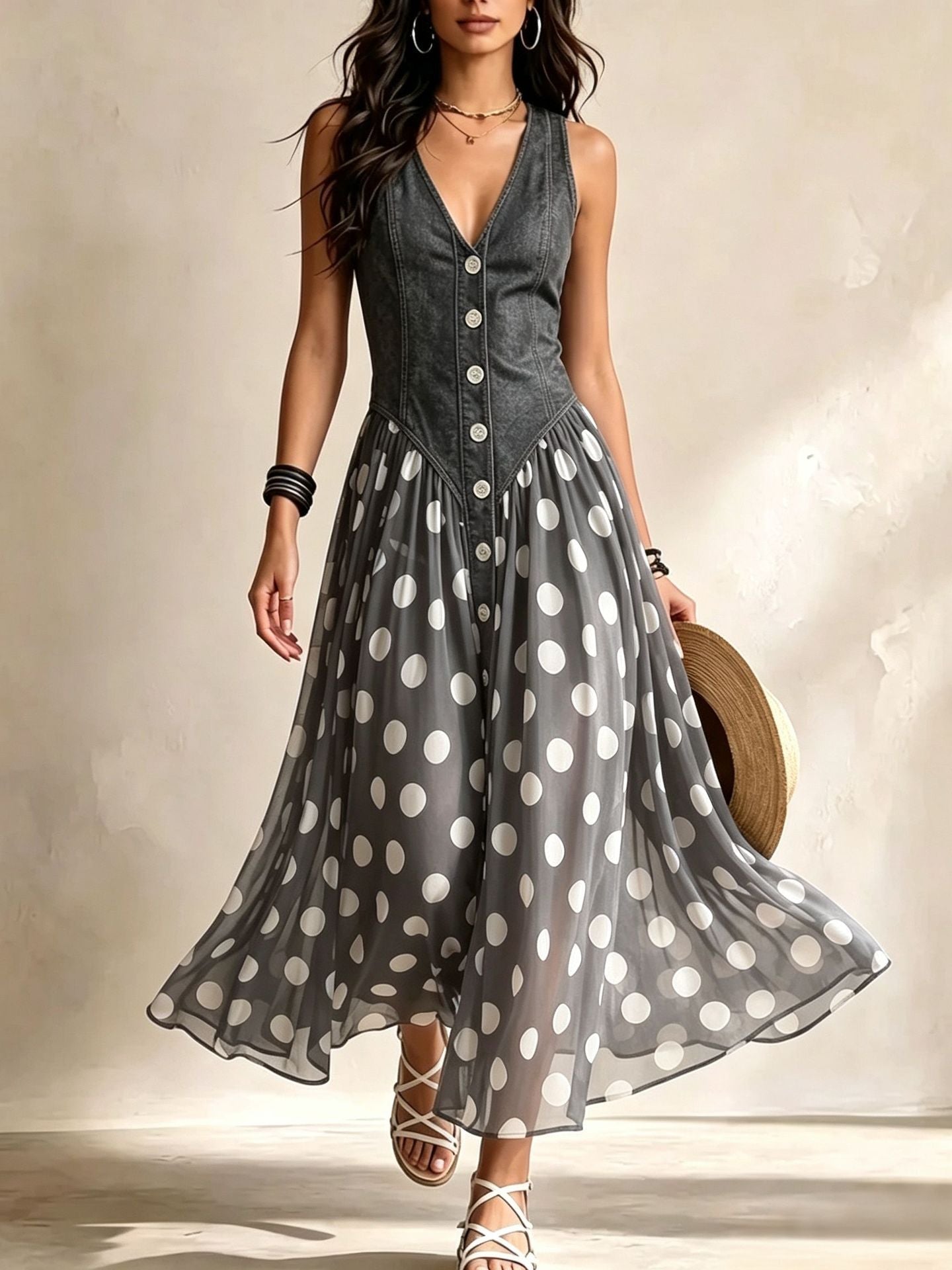 Adeline | Vestito Lungo in Denim con Pois