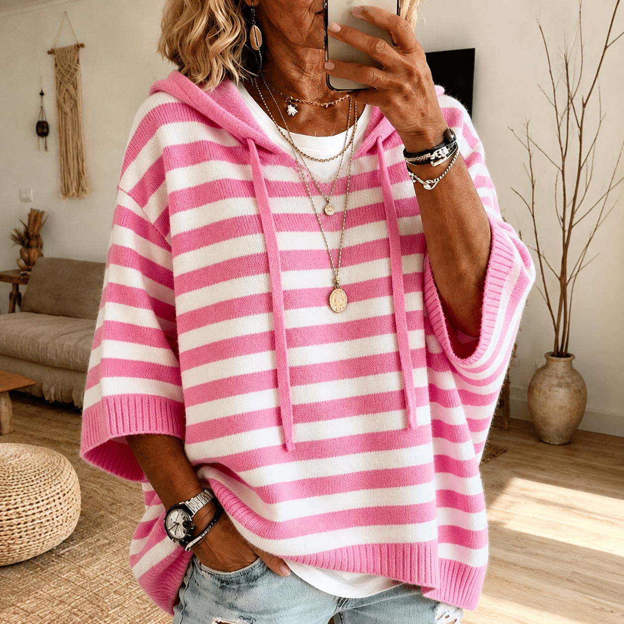 Mathilde | Pullover Poncho Rayé Oversize con Cappuccio