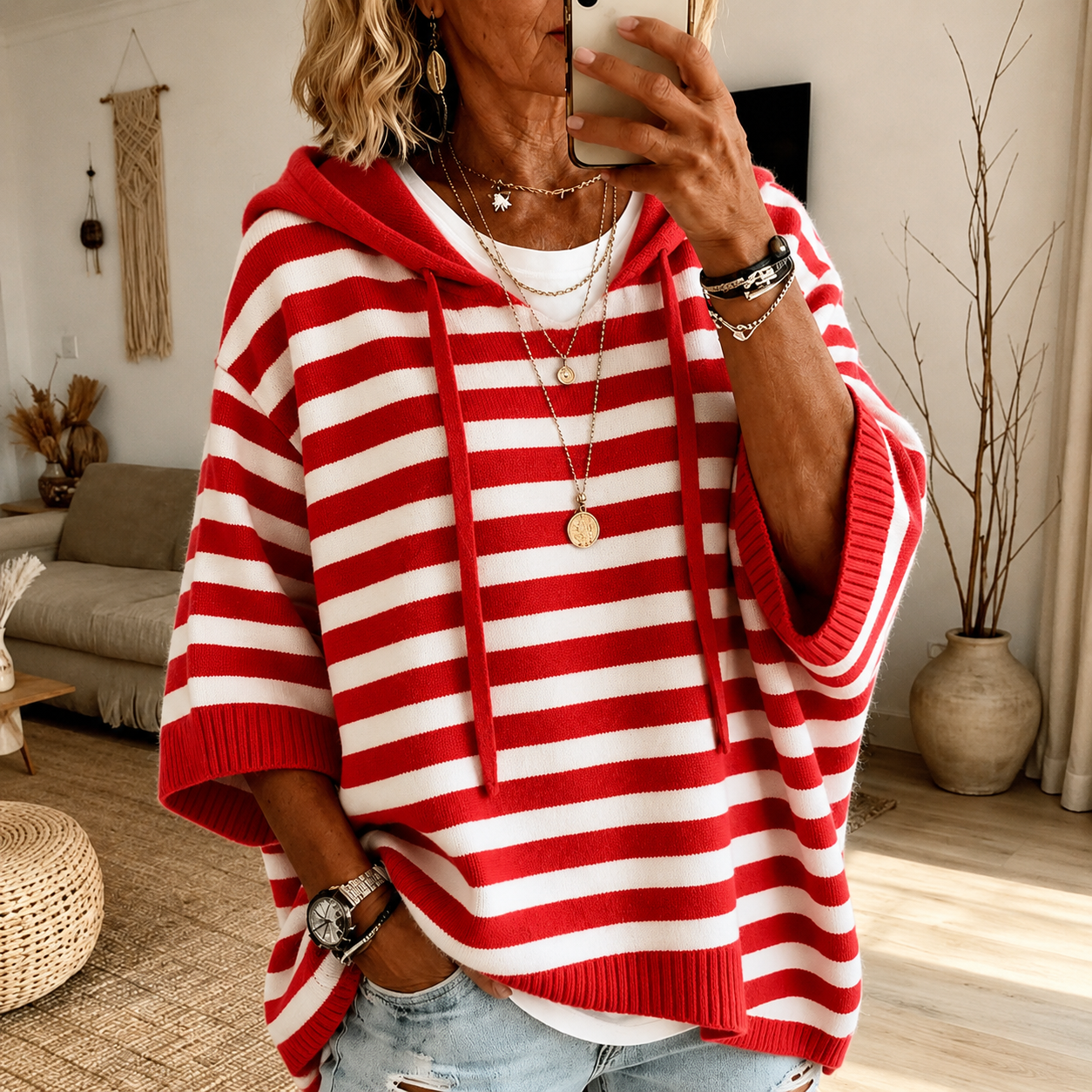 Mathilde | Pullover Poncho Rayé Oversize con Cappuccio