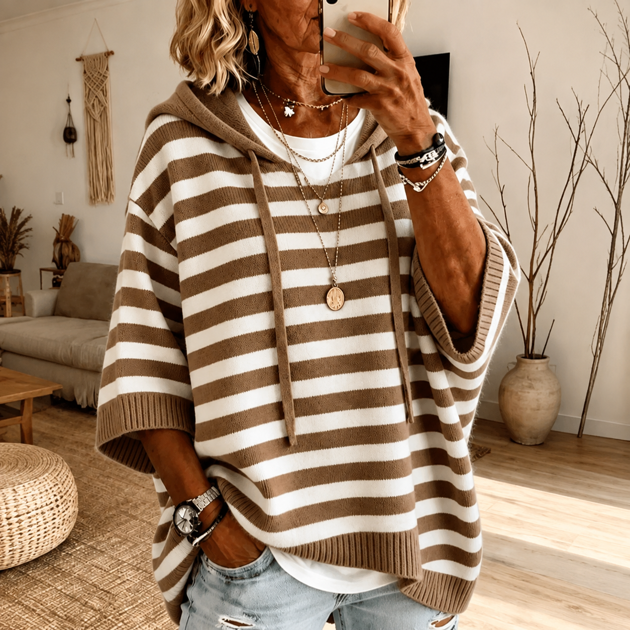Mathilde | Pullover Poncho Rayé Oversize con Cappuccio