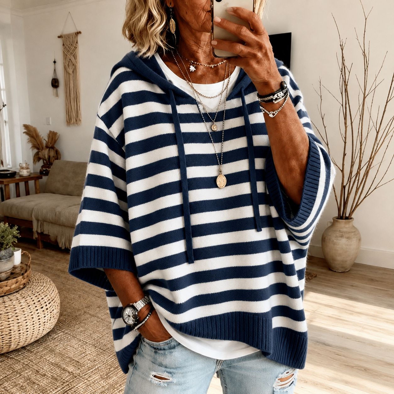 Mathilde | Pullover Poncho Rayé Oversize con Cappuccio