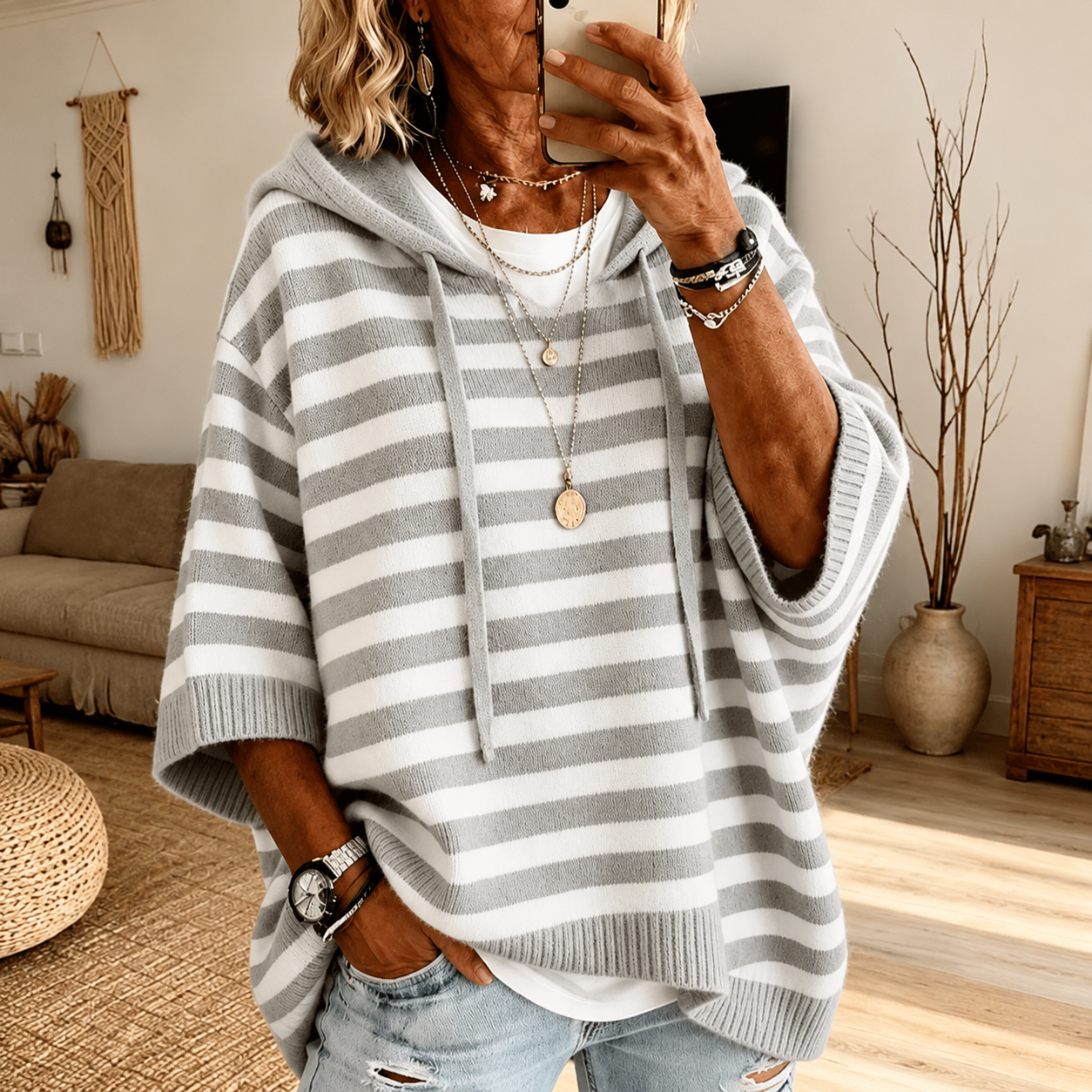 Mathilde | Pullover Poncho Rayé Oversize con Cappuccio