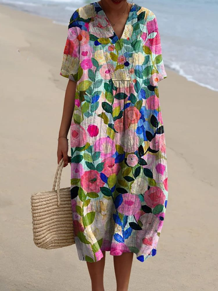Margaret - Vibrant Floral Garden Print Flowy Summer Dress