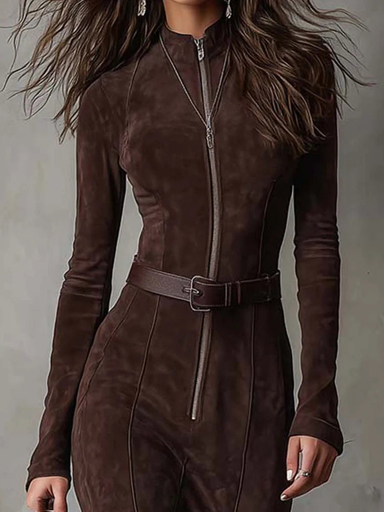 Marsella | Brown long dress with belt