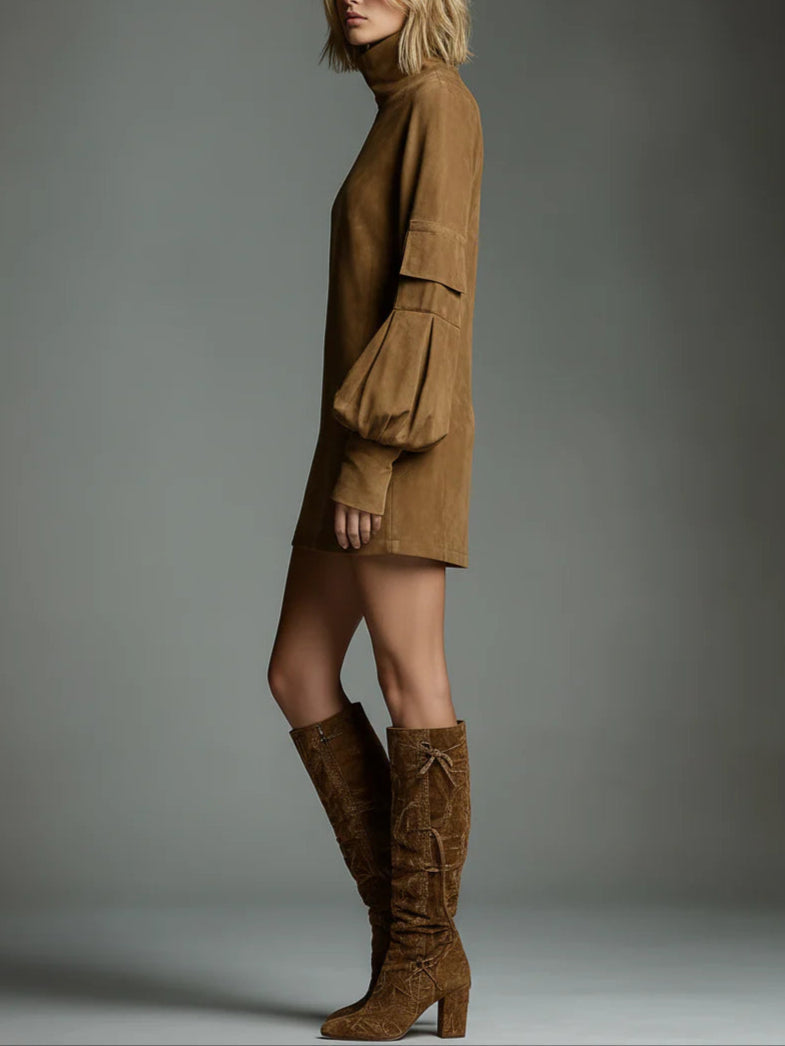 Buy | Oversized Suede Mini Dress with High Neck