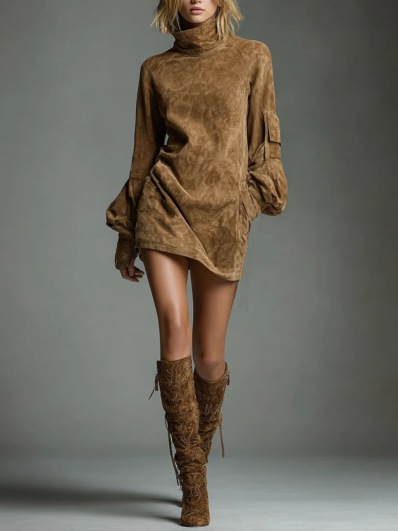 Buy | Oversized Suede Mini Dress with High Neck
