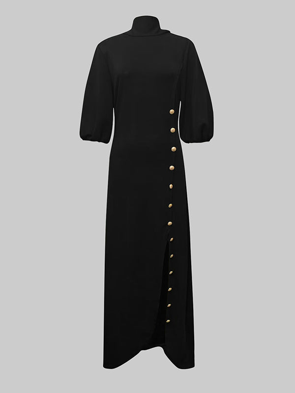 Loose Puff Sleeves Buttoned Split-side Mock Neck Maxi Dresses