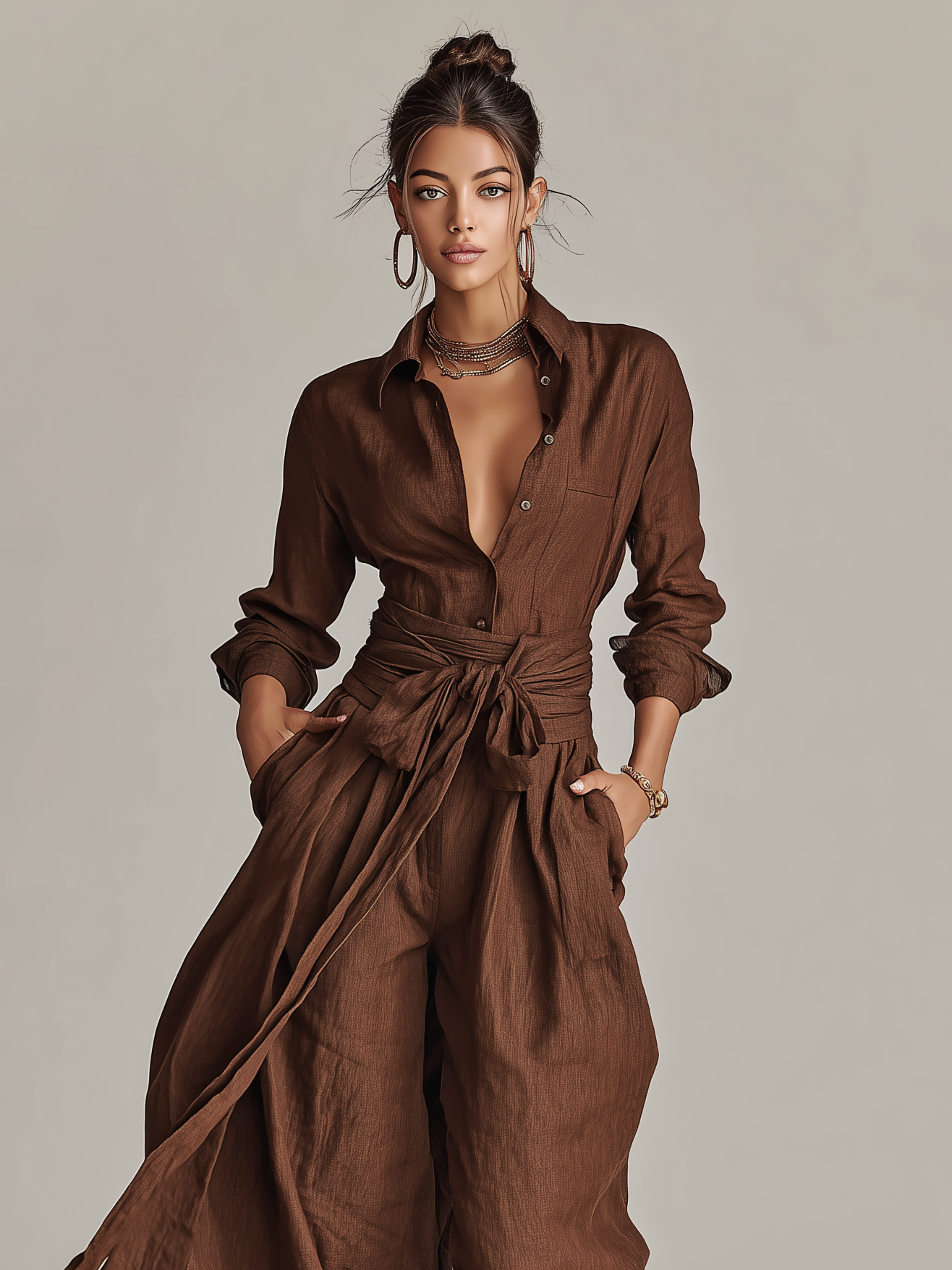 Tuta Elegante da Donna in Cotone-Lino Intrecciato Marrone con Collo Camicia e Maniche Lunghe con Cintura